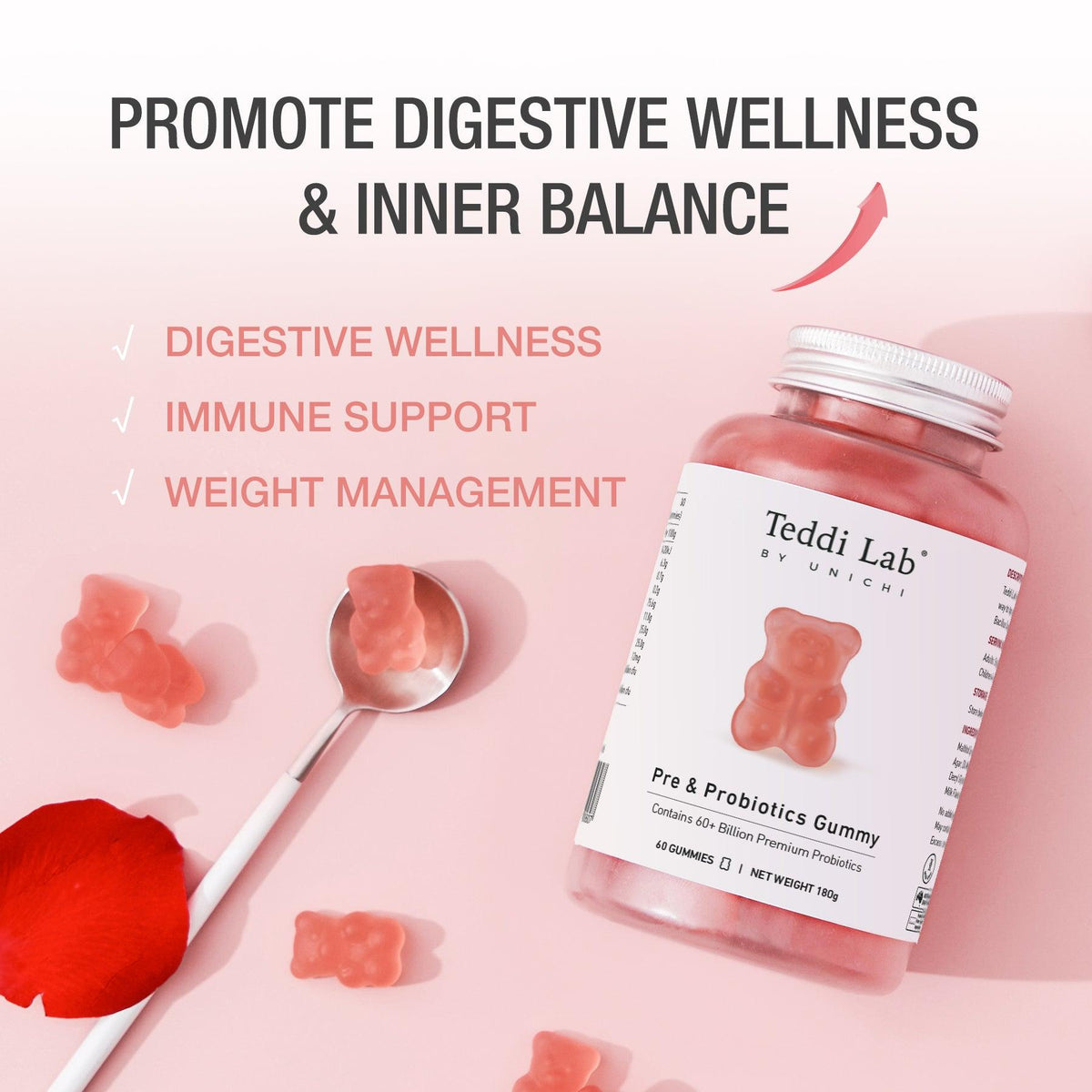 Teddi Lab by Unichi Pre & Probiotics Gummy 60s - Gut Health & Digestive Support - Teddi Lab by Unichi